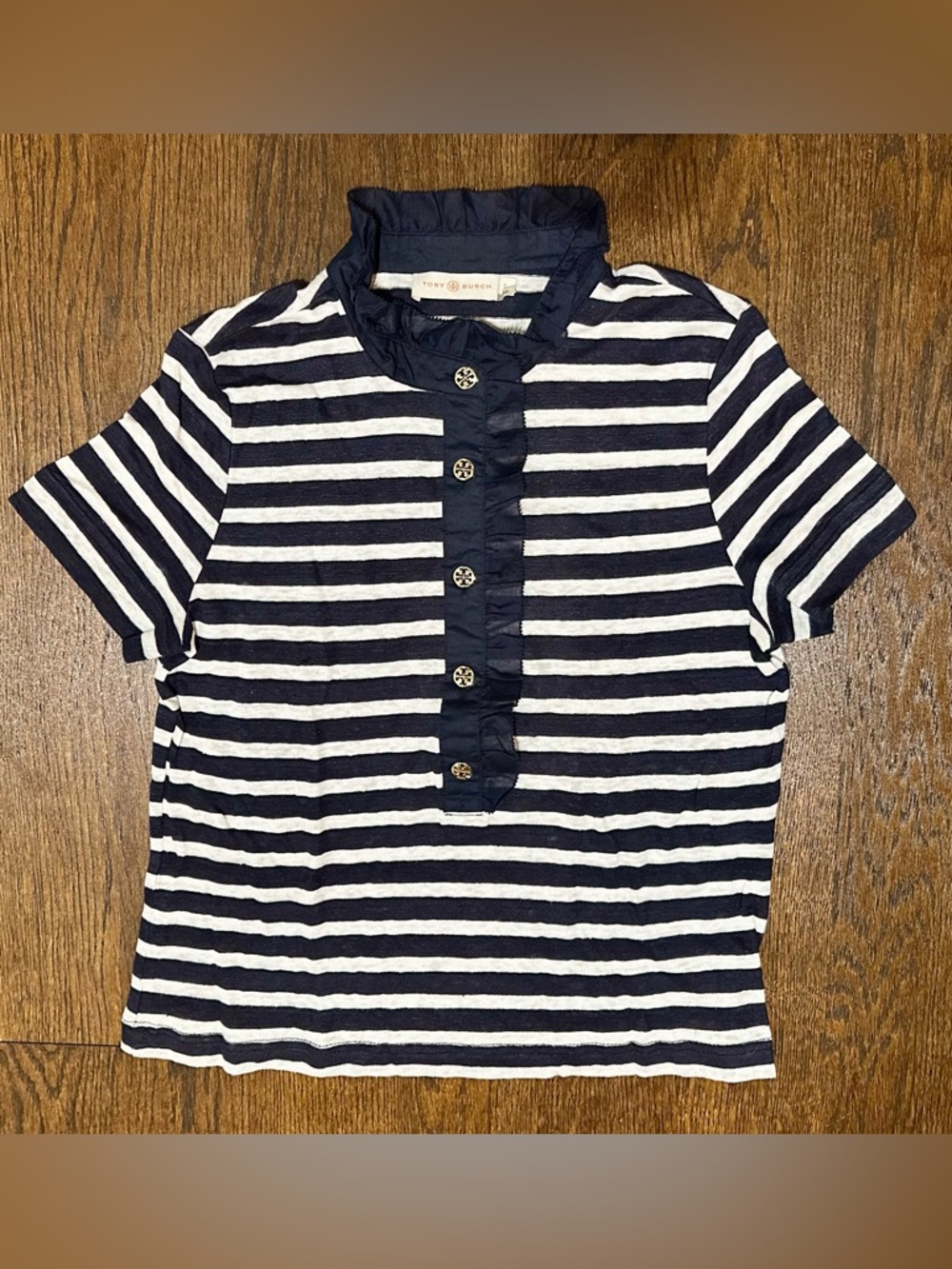 Tory Burch Womens Linen Blue White Striped Ruffle Collar Short Sleeve Polo Top S